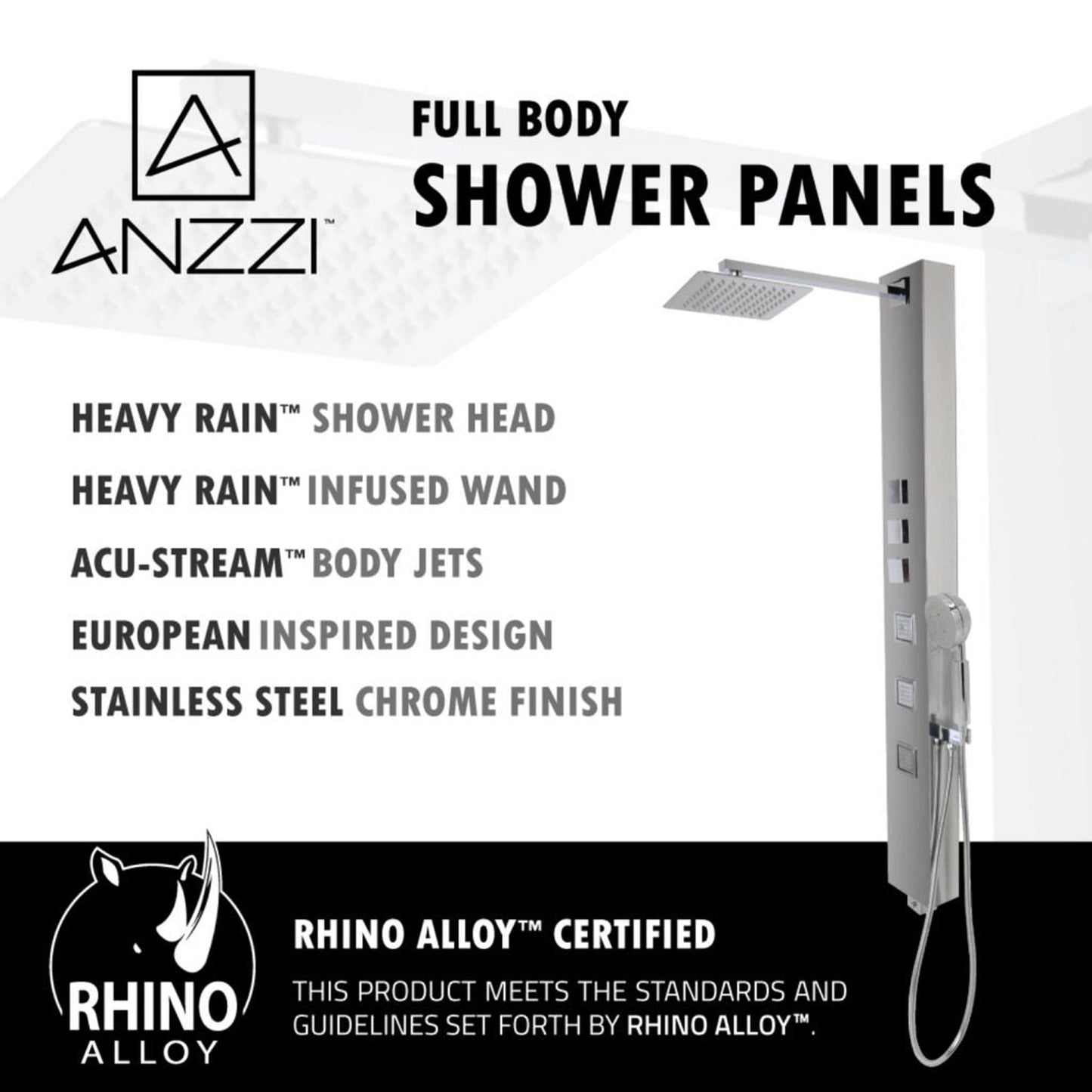 ANZZI Lann Series 53" Chrome 3-Jetted Full Body Shower Panel With Heavy Rain Shower Head and Euro-Grip Hand Sprayer