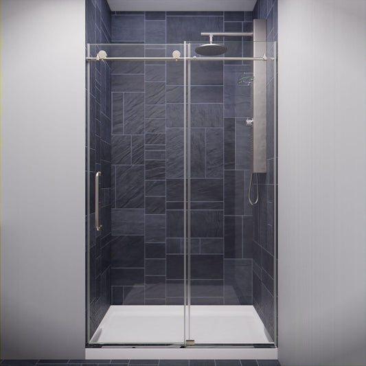 ANZZI Leon Series 48" x 76" Frameless Rectangular Brushed Nickel Sliding Shower Door With Handle and Tsunami Guard