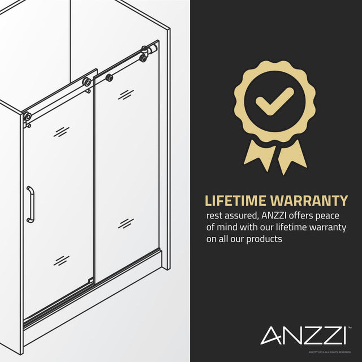ANZZI Leon Series 48" x 76" Frameless Rectangular Matte Black Sliding Shower Door With Handle and Tsunami Guard