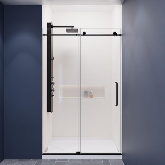 ANZZI Leon Series 48" x 76" Frameless Rectangular Matte Black Sliding Shower Door With Handle and Tsunami Guard