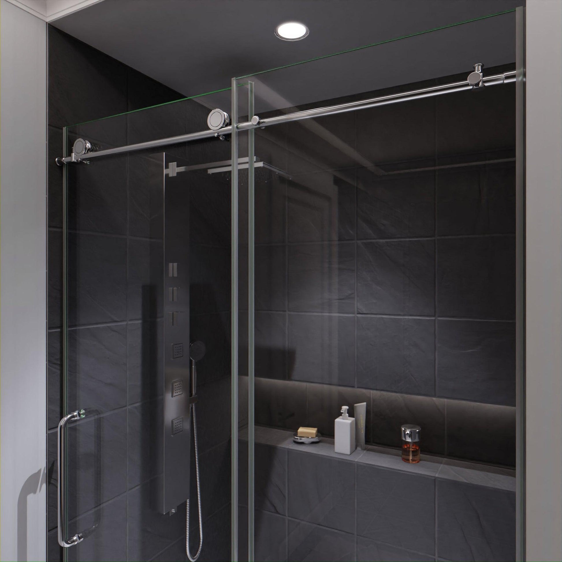 ANZZI Leon Series 48" x 76" Frameless Rectangular Polished Chrome Sliding Shower Door With Handle and Tsunami Guard