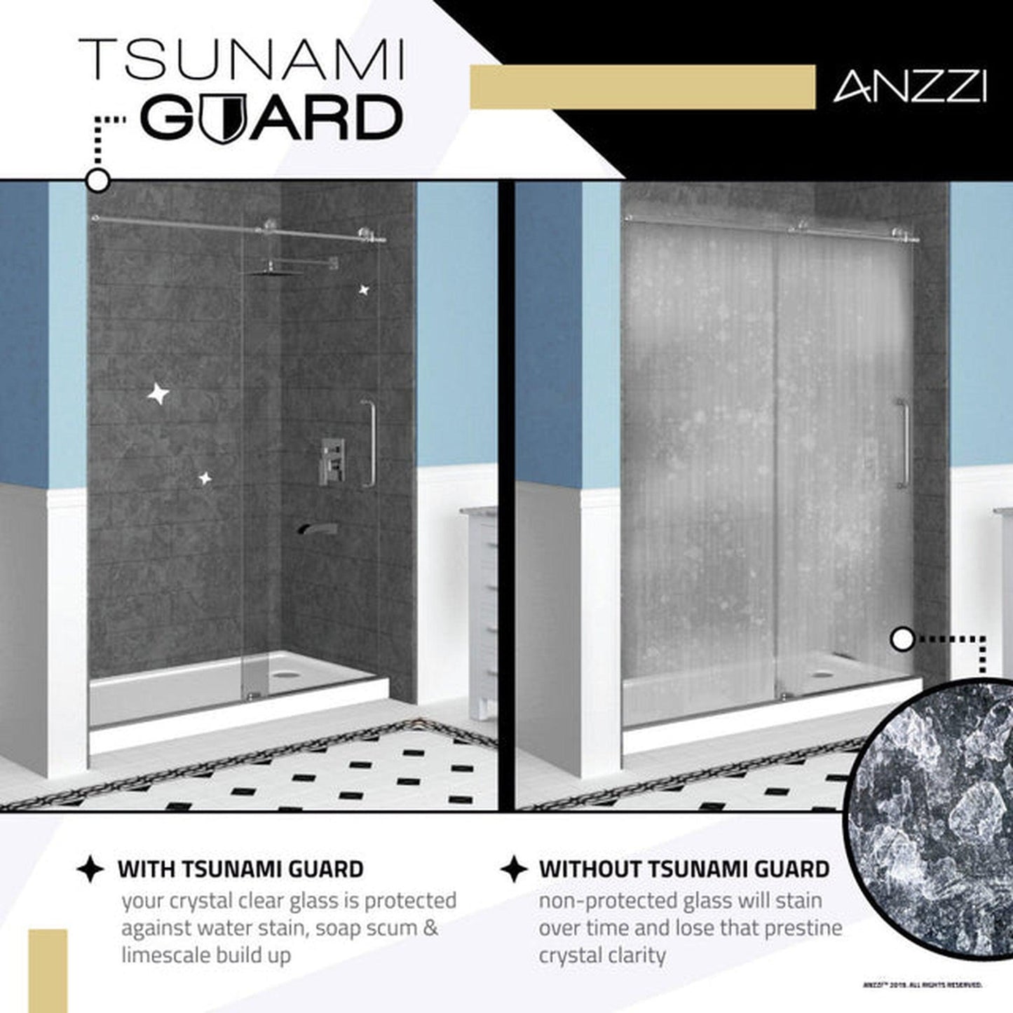 ANZZI Leon Series 48" x 76" Frameless Rectangular Polished Chrome Sliding Shower Door With Handle and Tsunami Guard