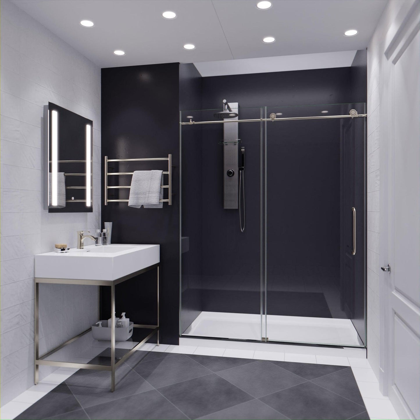 ANZZI Leon Series 60" x 76" Frameless Rectangular Brushed Nickel Sliding Shower Door With Handle and Tsunami Guard