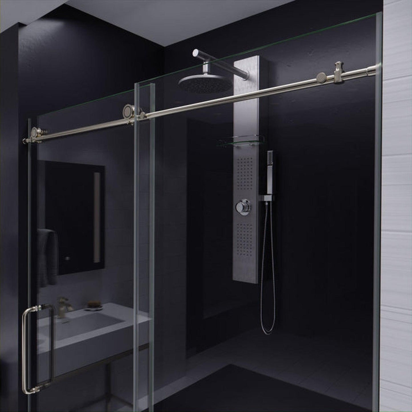 ANZZI Leon Series 60" x 76" Frameless Rectangular Brushed Nickel Sliding Shower Door With Handle and Tsunami Guard