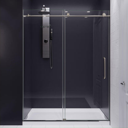 ANZZI Leon Series 60" x 76" Frameless Rectangular Brushed Nickel Sliding Shower Door With Handle and Tsunami Guard