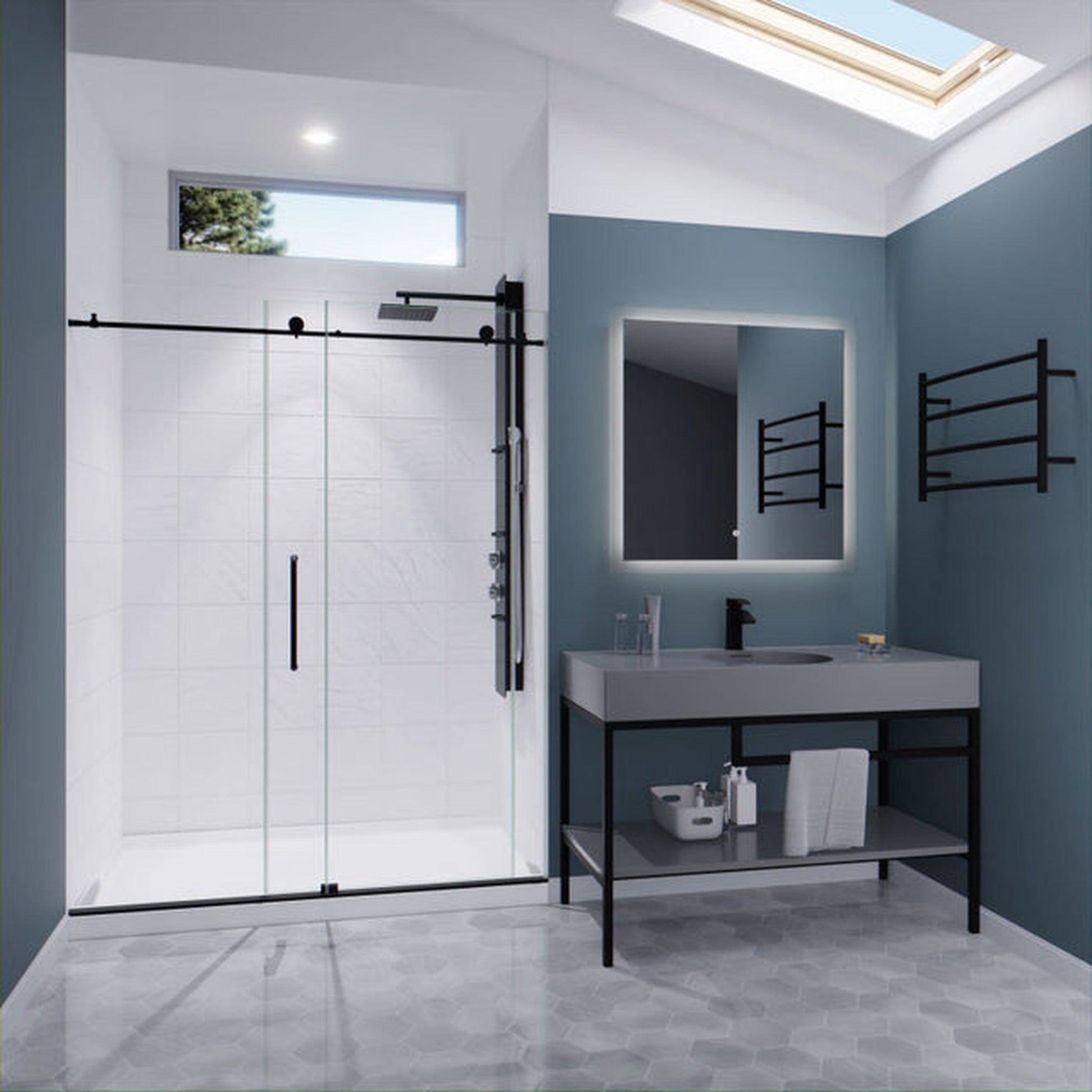 Anzzi 76 x 48 inch Frameless Shower Door in Gun Metal Black, Madam Water Repellent Glass Shower Door with Seal Strip, Easy Gilde Sliding Shower Door