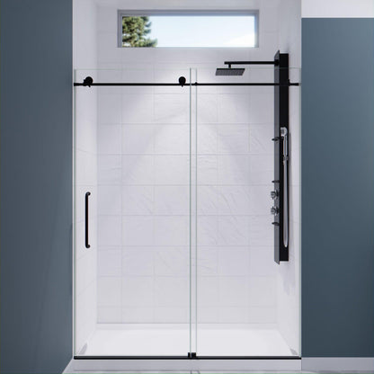 ANZZI Leon Series 60" x 76" Frameless Rectangular Matte Black Sliding Shower Door With Handle and Tsunami Guard