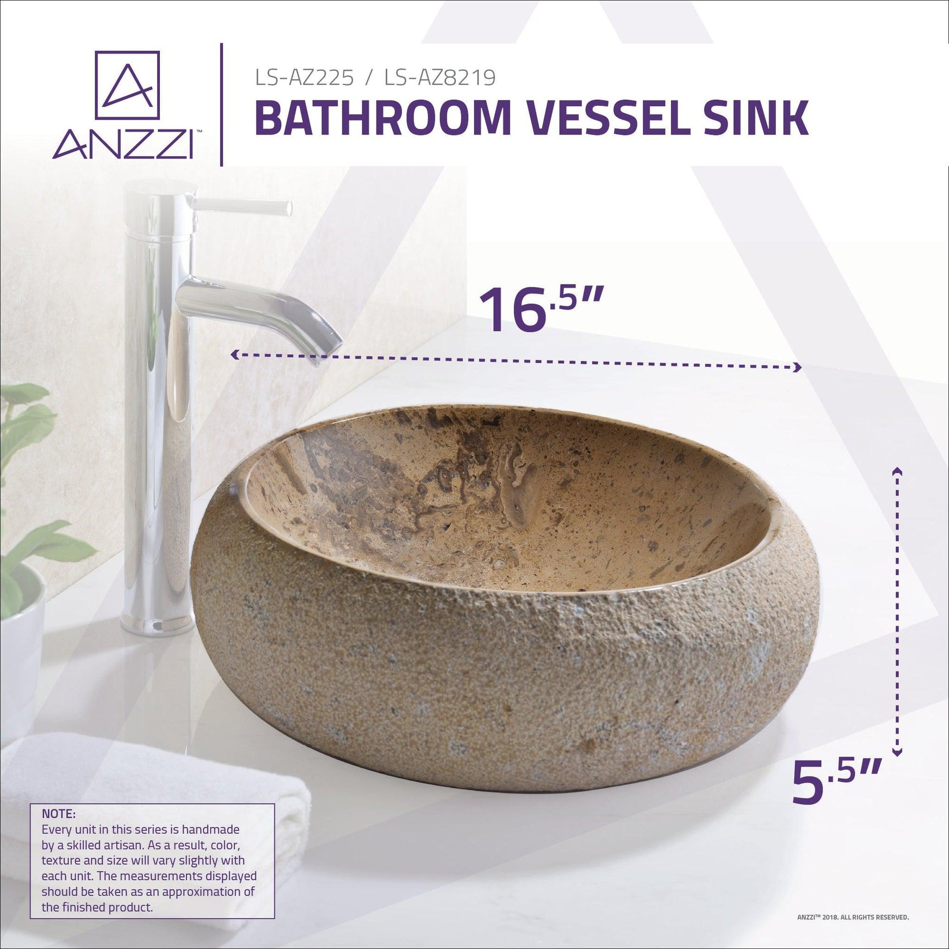 ANZZI Leopard Ash Series 17" x 17" Round Cream Marble Vessel Sink