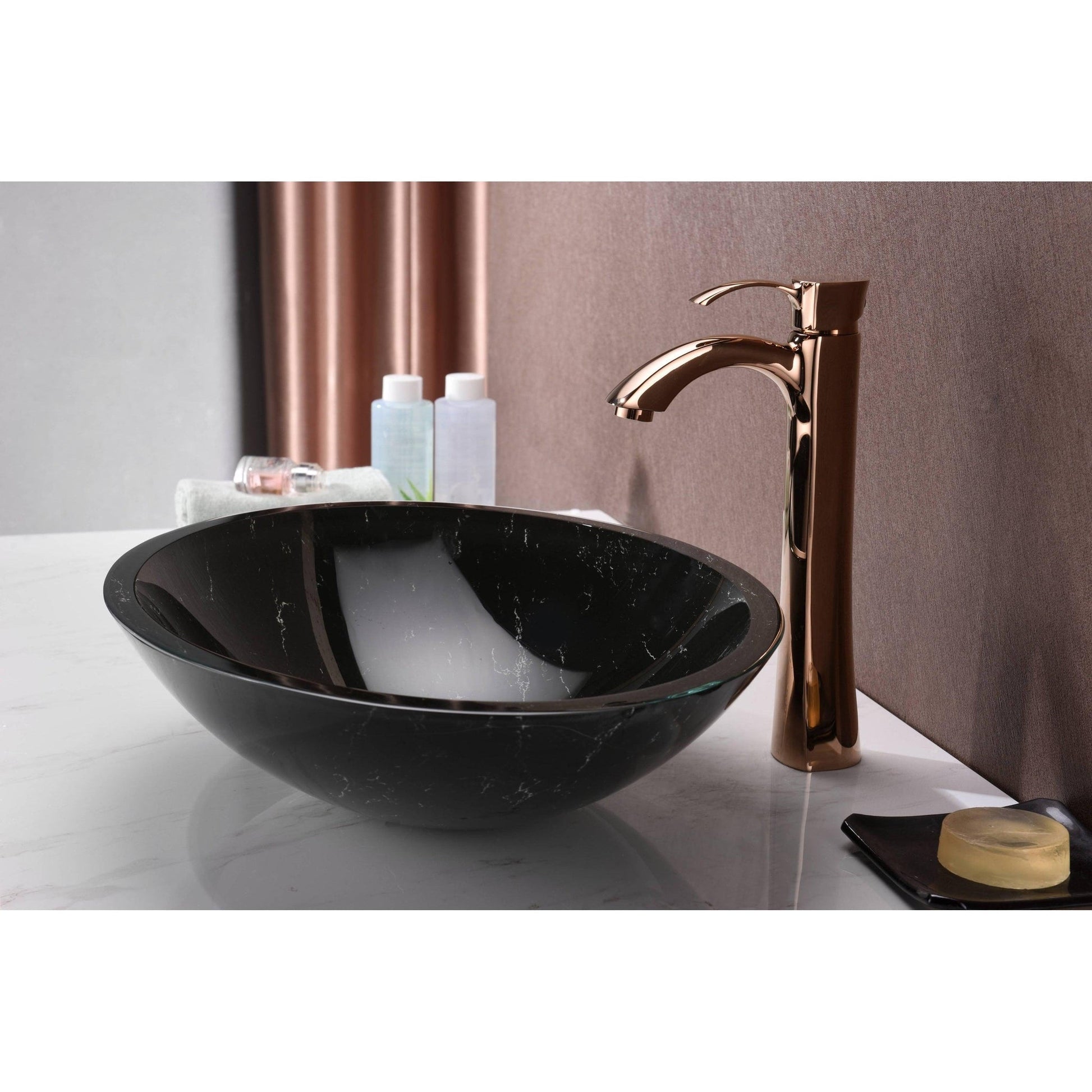 ANZZI Lepea Series 20" x 15" Oval Shape Marbled Black Vessel Sink With Polished Chrome Pop-Up Drain