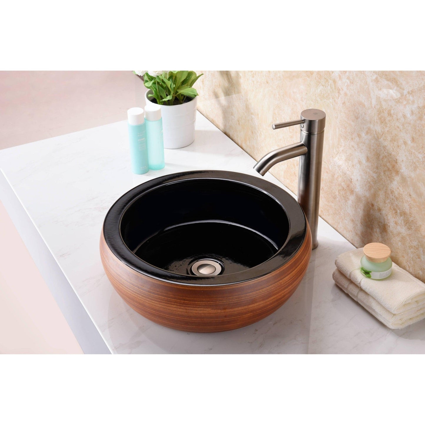 ANZZI Levi Series 17" x 17" Round Black and Swirled Fusion Deco-Glass Vessel Sink With Polished Chrome Pop-Up Drain