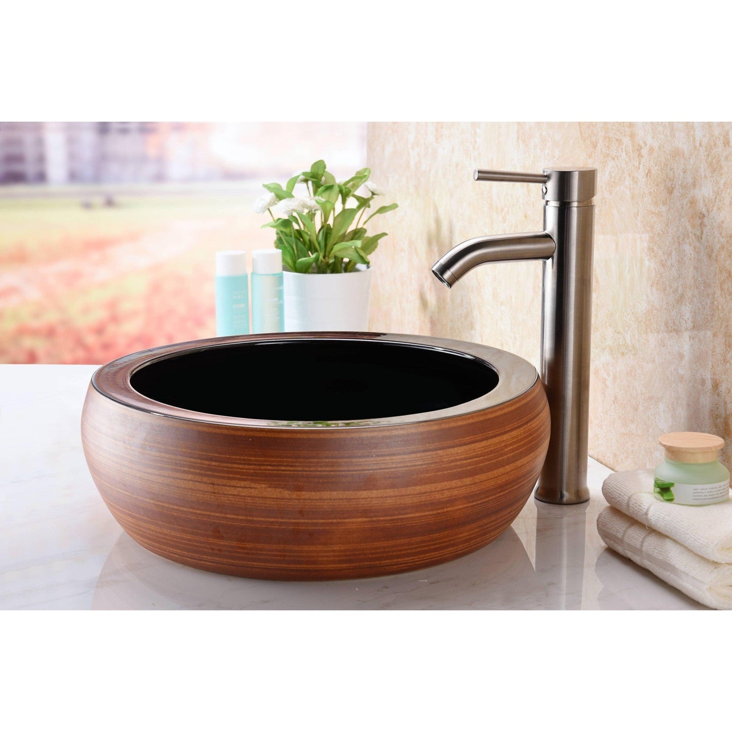ANZZI Levi Series 17" x 17" Round Black and Swirled Fusion Deco-Glass Vessel Sink With Polished Chrome Pop-Up Drain