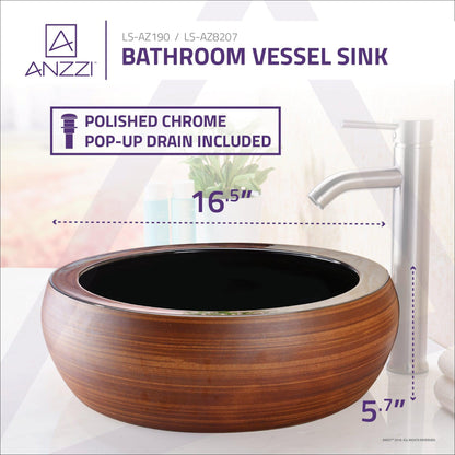 ANZZI Levi Series 17" x 17" Round Black and Swirled Fusion Deco-Glass Vessel Sink With Polished Chrome Pop-Up Drain