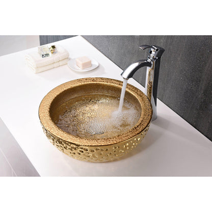 ANZZI Levi Series 17" x 17" Round Speckled Gold Deco-Glass Vessel Sink With Polished Chrome Pop-Up Drain