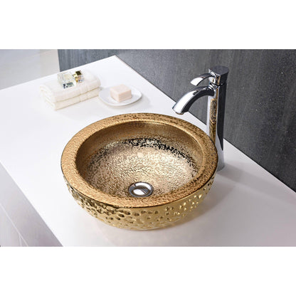 ANZZI Levi Series 17" x 17" Round Speckled Gold Deco-Glass Vessel Sink With Polished Chrome Pop-Up Drain