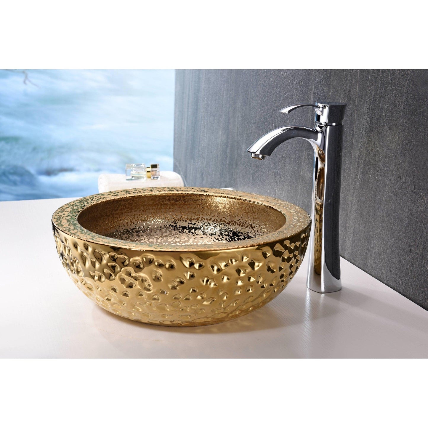 ANZZI Levi Series 17" x 17" Round Speckled Gold Deco-Glass Vessel Sink With Polished Chrome Pop-Up Drain