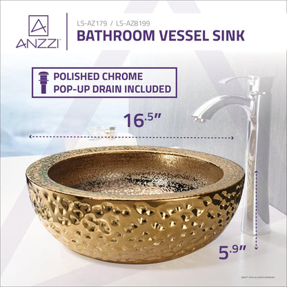 ANZZI Levi Series 17" x 17" Round Speckled Gold Deco-Glass Vessel Sink With Polished Chrome Pop-Up Drain