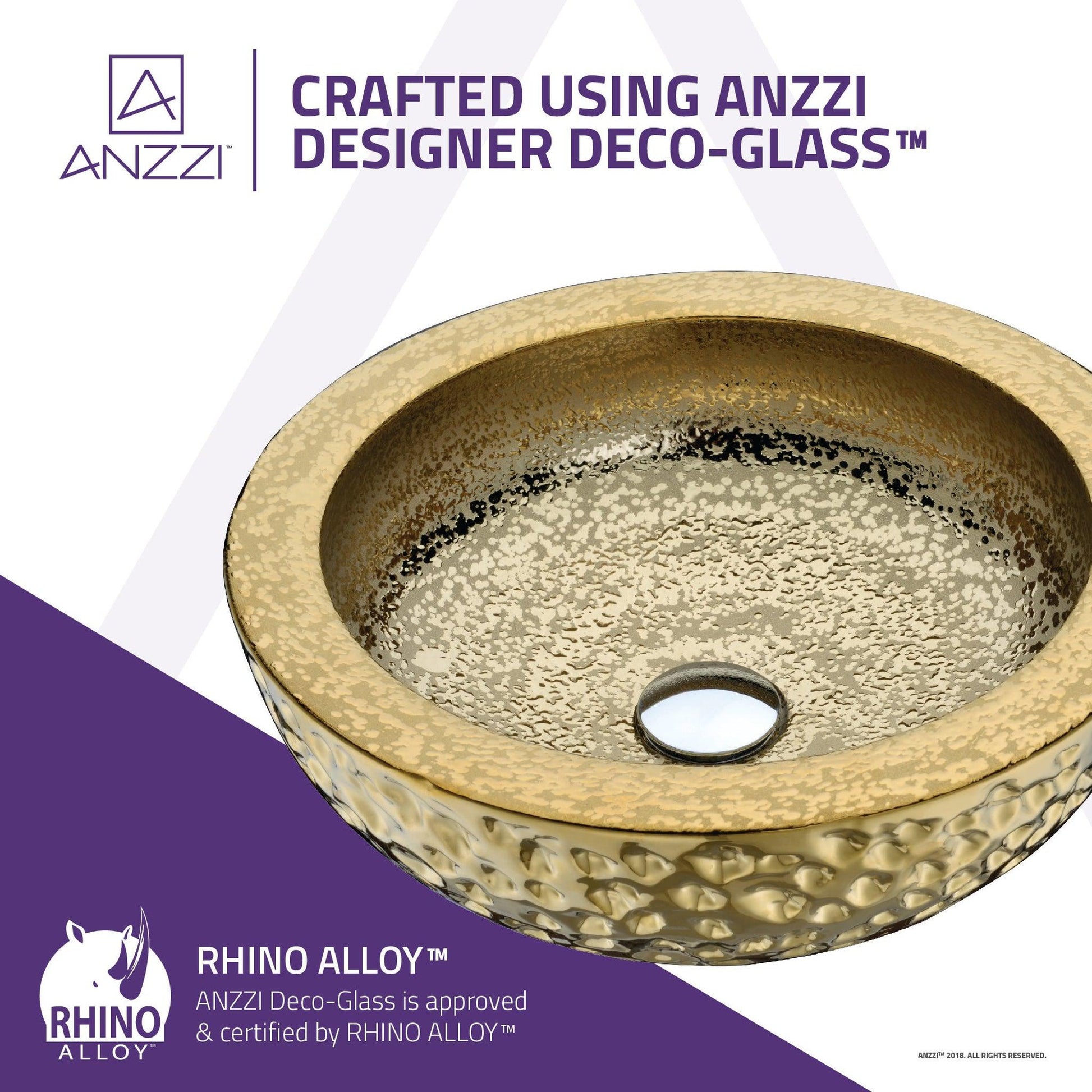 ANZZI Levi Series 17" x 17" Round Speckled Gold Deco-Glass Vessel Sink With Polished Chrome Pop-Up Drain