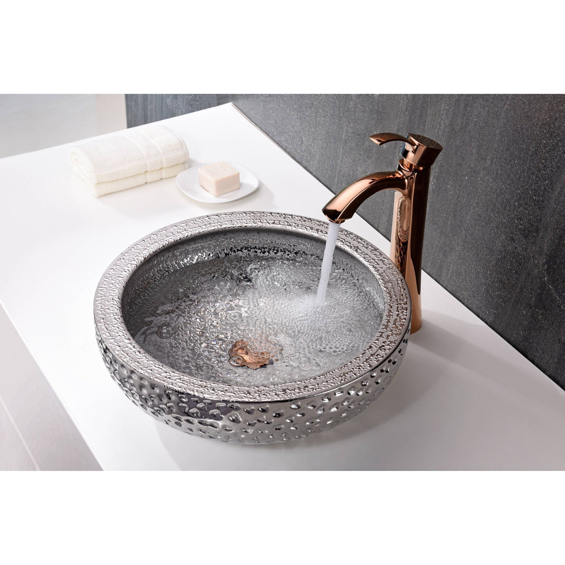 ANZZI Levi Series 17" x 17" Round Speckled Silver Deco-Glass Vessel Sink in Finish With Polished Chrome Pop-Up Drain