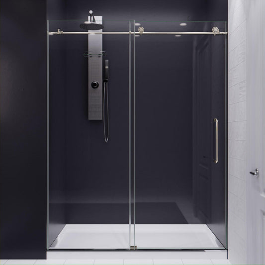ANZZI Lone Series 60" x 76" Frameless Rectangular Brushed Nickel Sliding Shower Door With Handle and Tsunami Guard