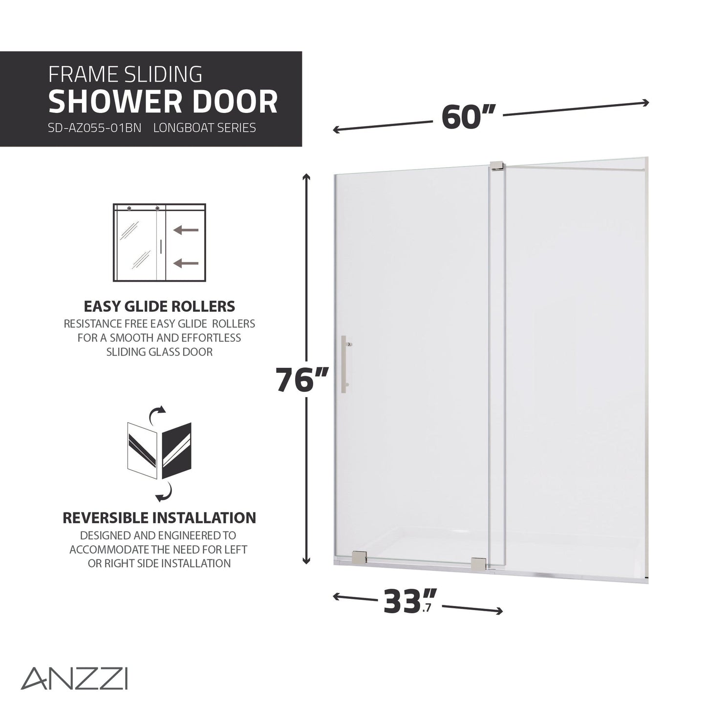 ANZZI Longboat Series 60" x 76" Semi-Frameless Rectangular Brushed Nickel Sliding Shower Door With Handle and Tsunami Guard