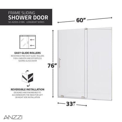 ANZZI Longboat Series 60" x 76" Semi-Frameless Rectangular Brushed Nickel Sliding Shower Door With Handle and Tsunami Guard