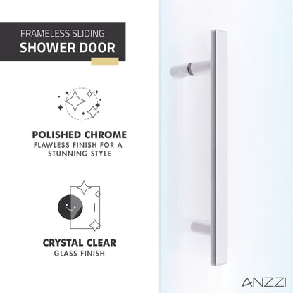 ANZZI Longboat Series 60" x 76" Semi-Frameless Rectangular Polished Chrome Sliding Shower Door With Handle and Tsunami Guard