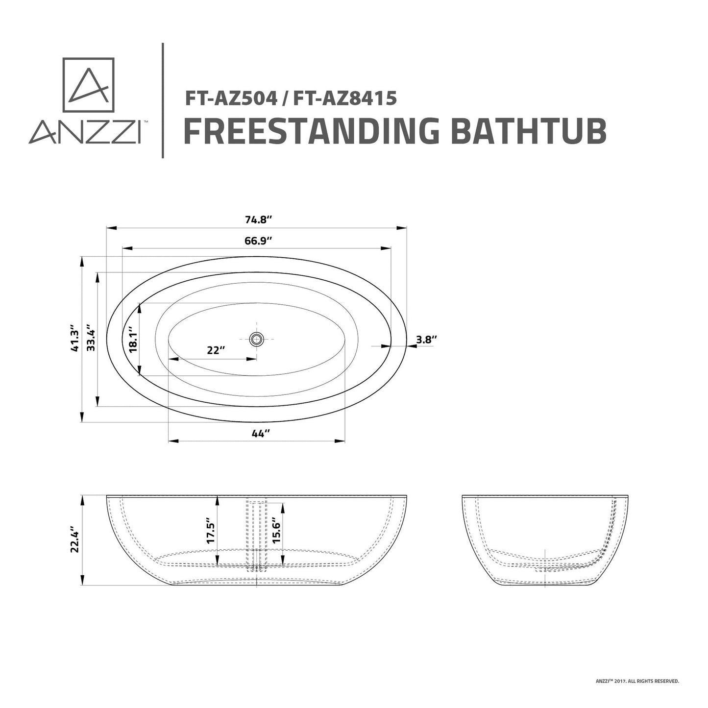 ANZZI Lusso Series 76" x 41" Matte White Freestanding Bathtub With Built-In Overflow and Pop-Up Drain