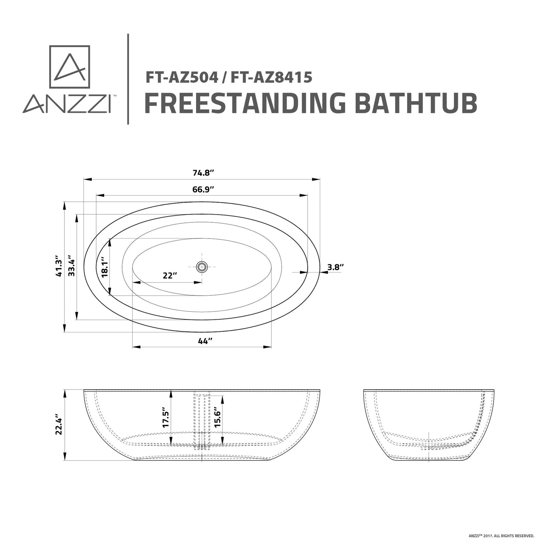 ANZZI Lusso Series 76" x 41" Matte White Freestanding Bathtub With Built-In Overflow and Pop-Up Drain