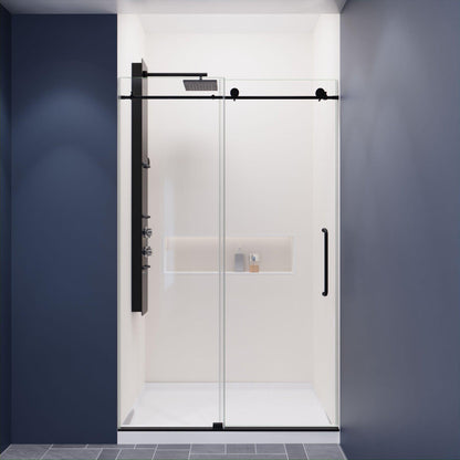 ANZZI Madam Series 48" x 76" Frameless Rectangular Matte Black Sliding Shower Door With Handle and Tsunami Guard