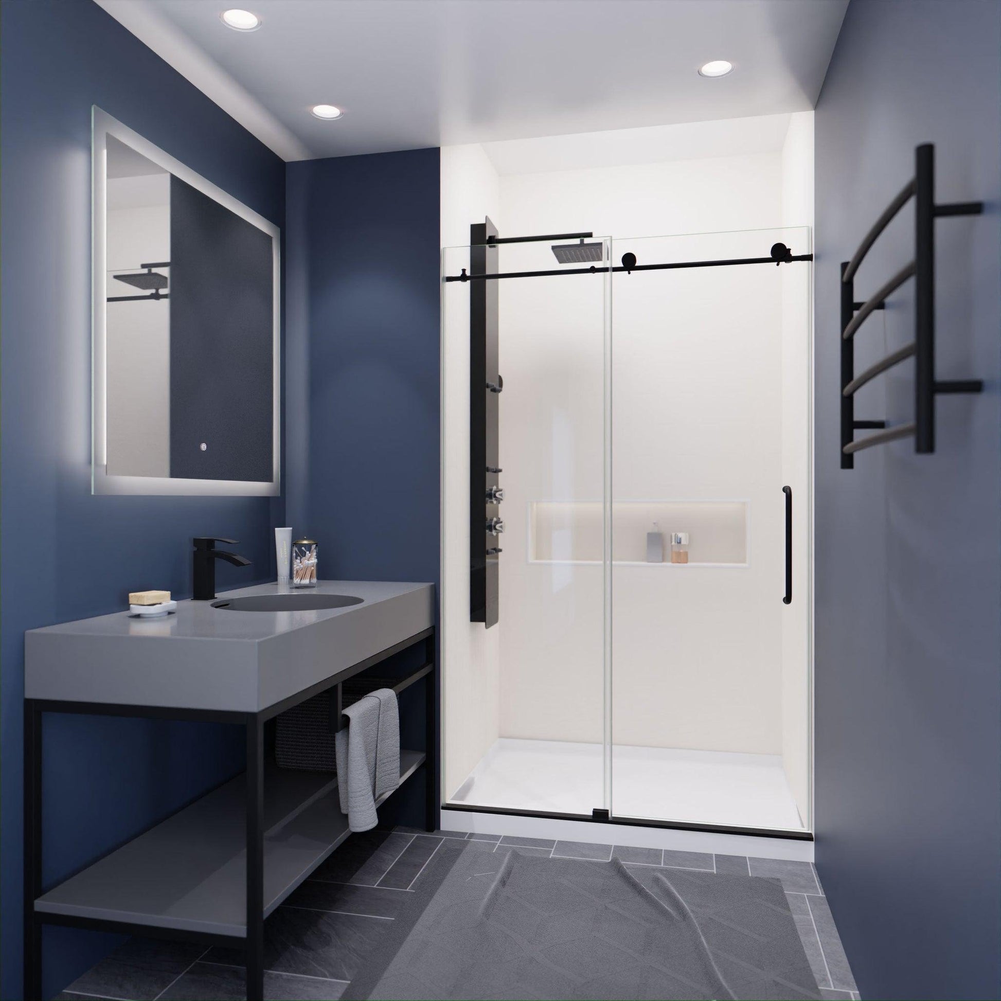 ANZZI Madam Series 48" x 76" Frameless Rectangular Matte Black Sliding Shower Door With Handle and Tsunami Guard