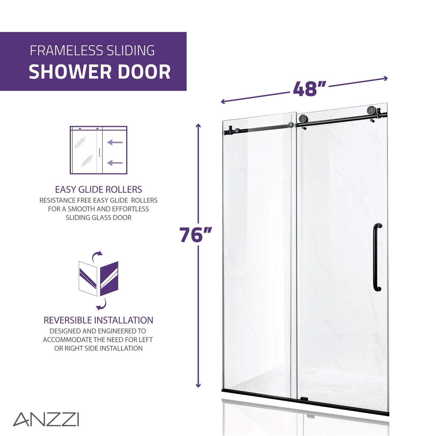 ANZZI Madam Series 48" x 76" Frameless Rectangular Matte Black Sliding Shower Door With Handle and Tsunami Guard