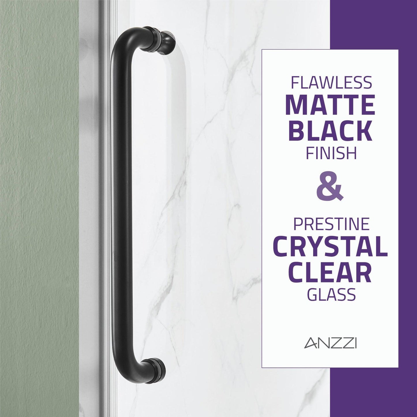 ANZZI Madam Series 48" x 76" Frameless Rectangular Matte Black Sliding Shower Door With Handle and Tsunami Guard