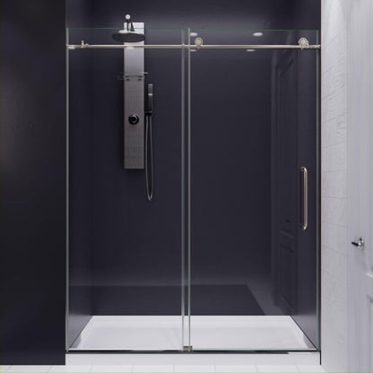 ANZZI Madam Series 60" x 76" Frameless Rectangular Brushed Nickel Sliding Shower Door With Handle and Tsunami Guard