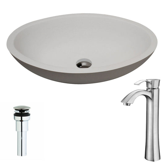 ANZZI Maine Series 23" x 16" Oval Shape Matte White Vessel Sink With Brushed Nickel Harmony Faucet and Pop-up Drain