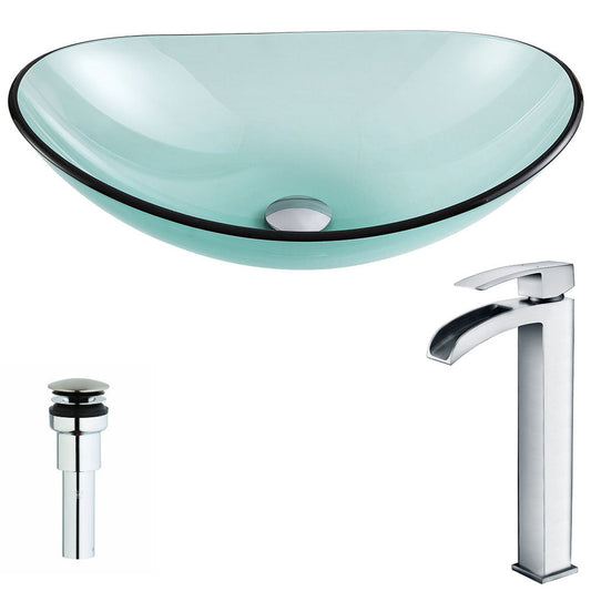 ANZZI Major Series 21" x 14" Oval Shape Lustrous Green Deco-Glass Vessel Sink With Chrome Pop-Up Drain and Key Faucet