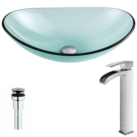 ANZZI Major Series 21" x 14" Oval Shaped Lustrous Green Deco-Glass Vessel Sink With Chrome Pop-Up Drain and Brushed Nickel Key Faucet