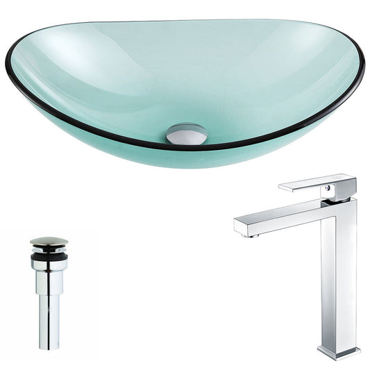 ANZZI Major Series 21" x 14" Oval Shaped Lustrous Green Deco-Glass Vessel Sink With Chrome Pop-Up Drain and Enti Faucet