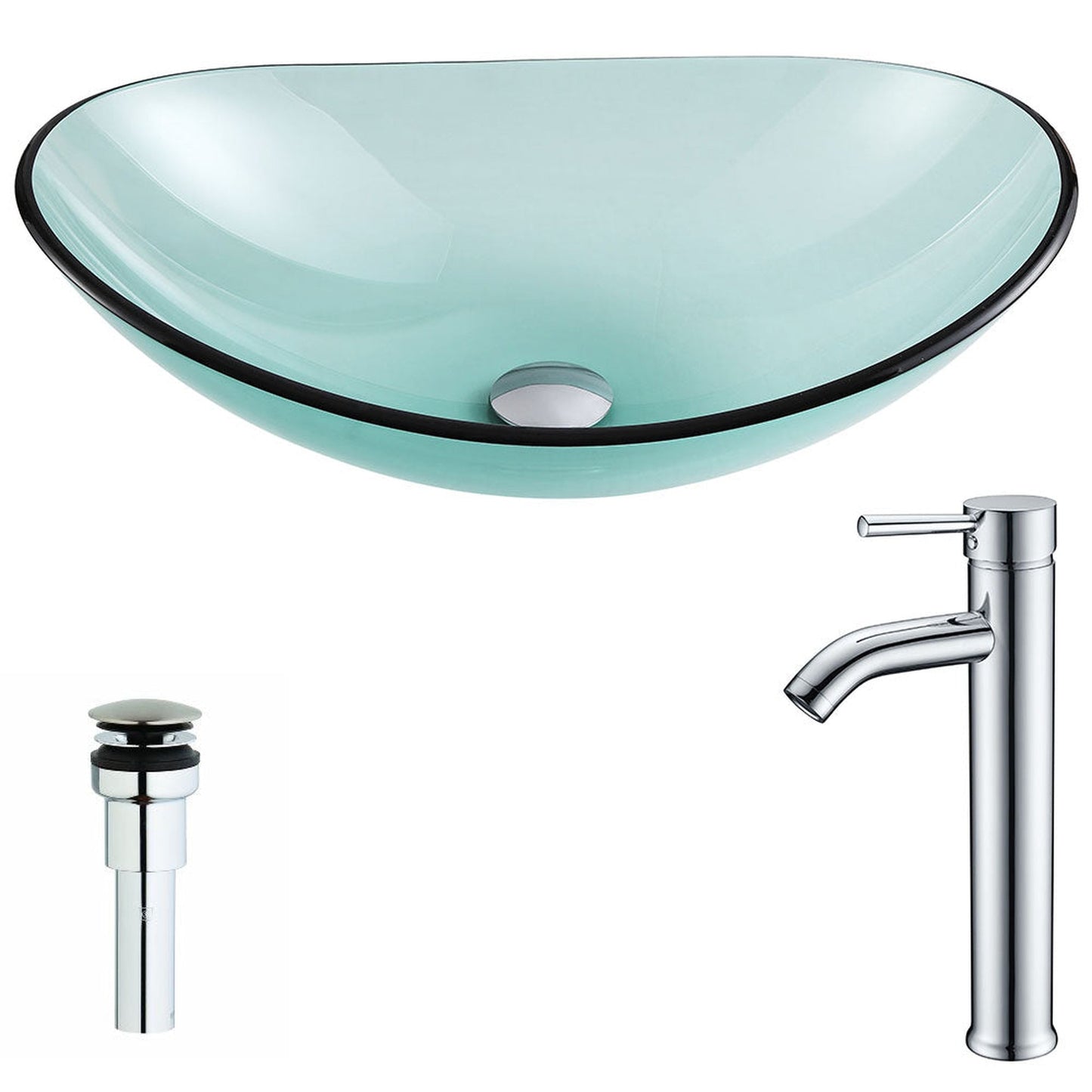 ANZZI Major Series 21" x 14" Oval Shaped Lustrous Green Deco-Glass Vessel Sink With Chrome Pop-Up Drain and Fann Faucet