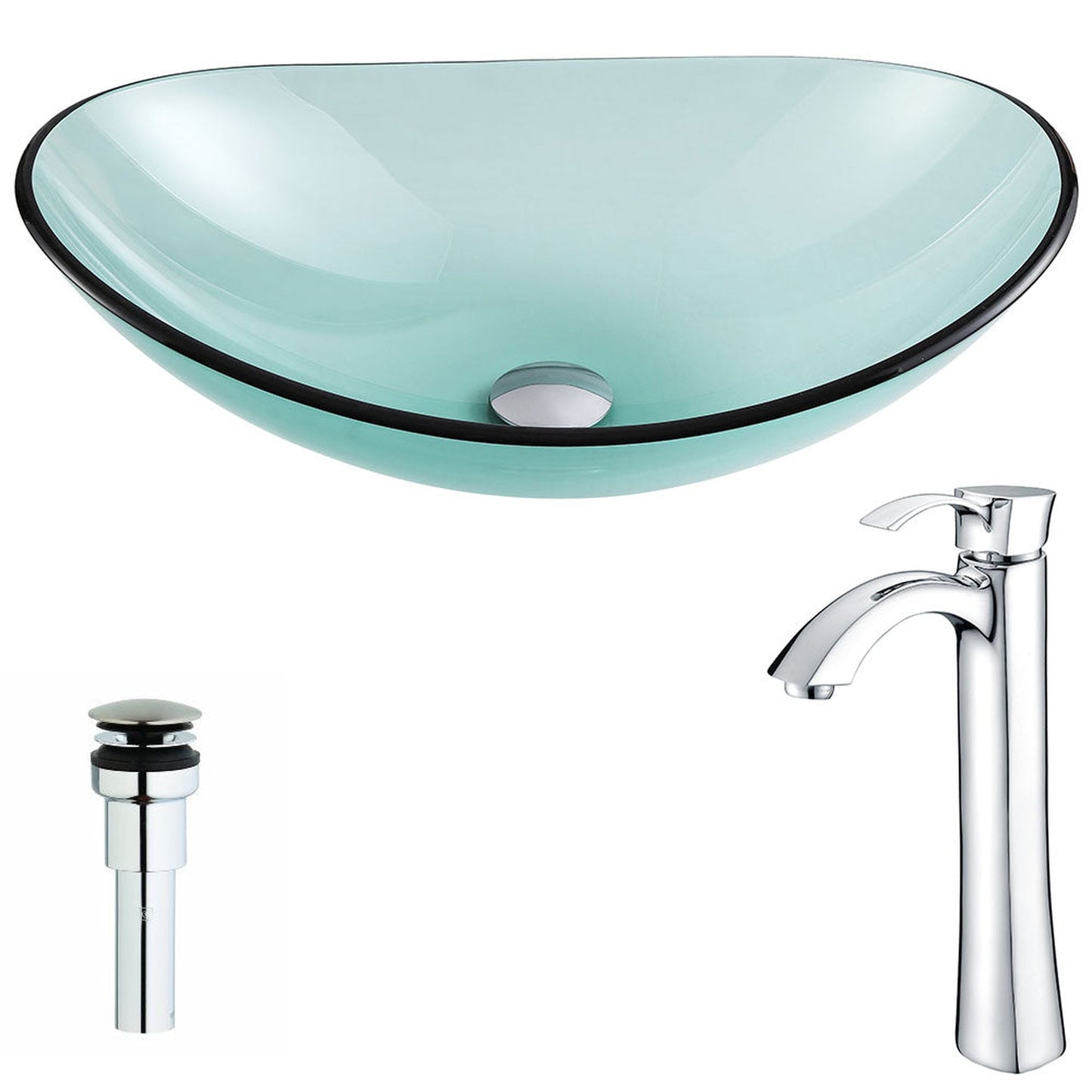 ANZZI Major Series 21" x 14" Oval Shaped Lustrous Green Deco-Glass Vessel Sink With Chrome Pop-Up Drain and Harmony Faucet