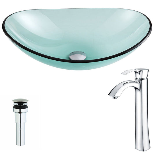 ANZZI Major Series 21" x 14" Oval Shaped Lustrous Green Deco-Glass Vessel Sink With Chrome Pop-Up Drain and Harmony Faucet