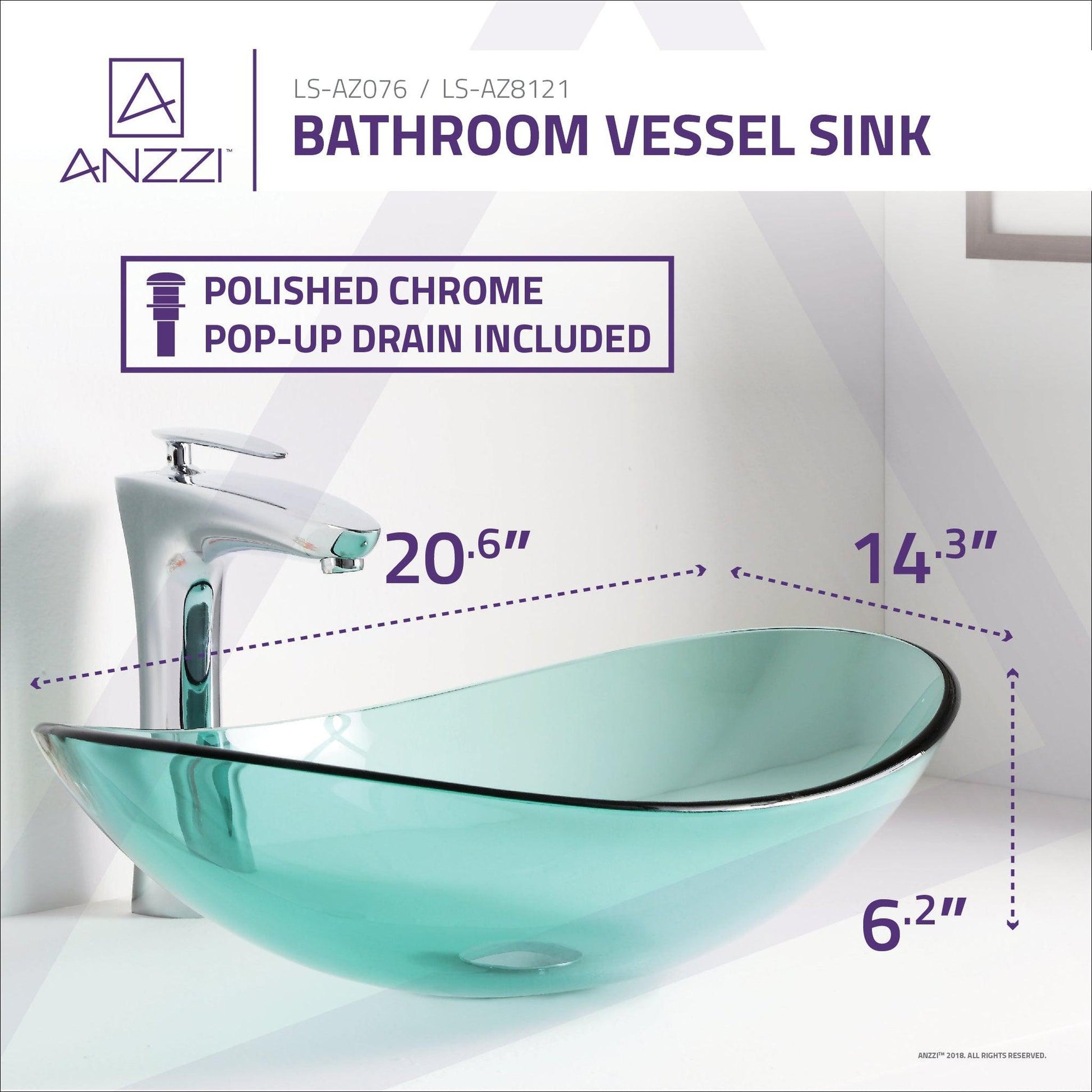 ANZZI Major Series 21" x 14" Oval Shaped Lustrous Green Deco-Glass Vessel Sink With Polished Chrome Pop-Up Drain