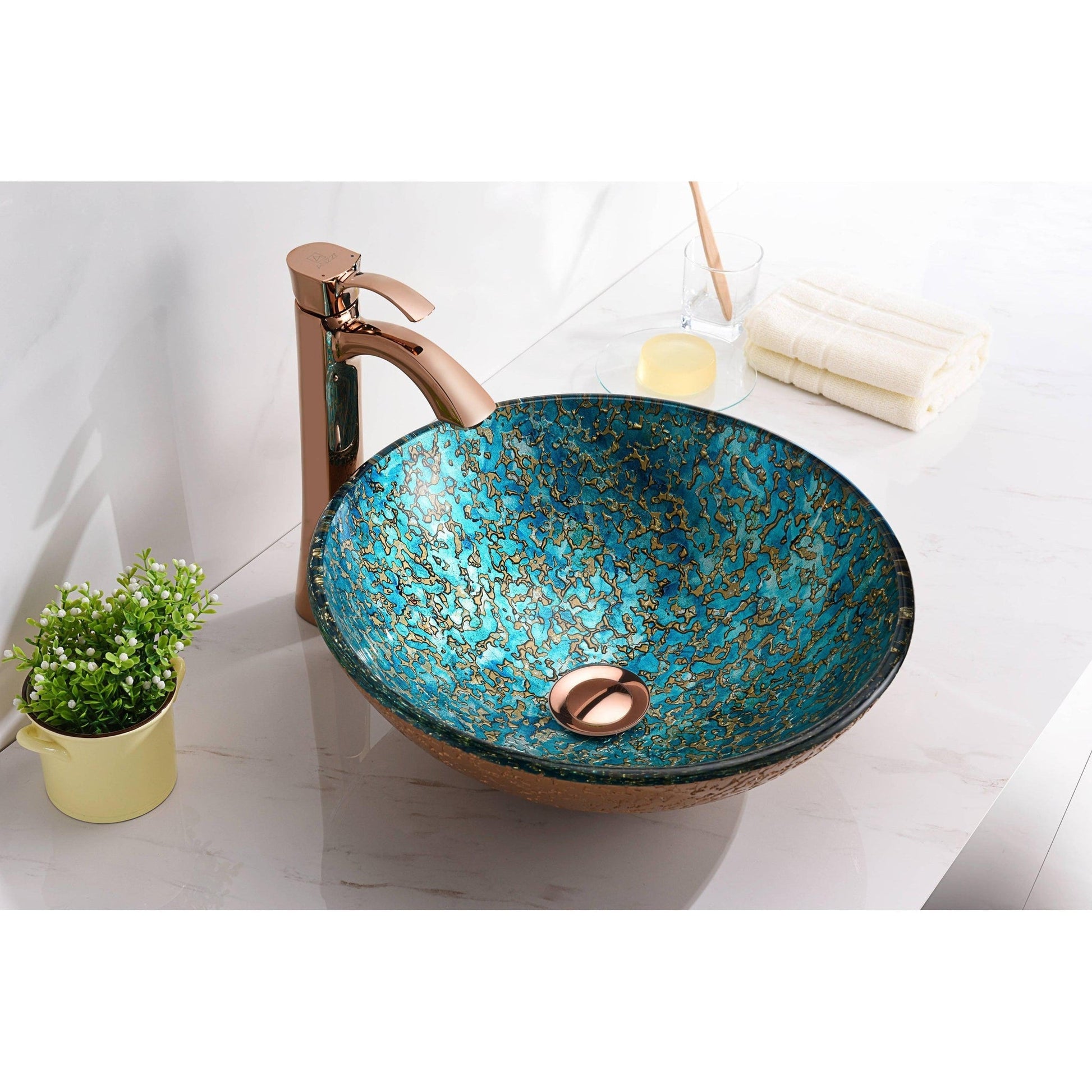 ANZZI Makata Series 17" x 17" Round Gold and Cyan Deco-Glass Vessel Sink With Polished Chrome Pop-Up Drain