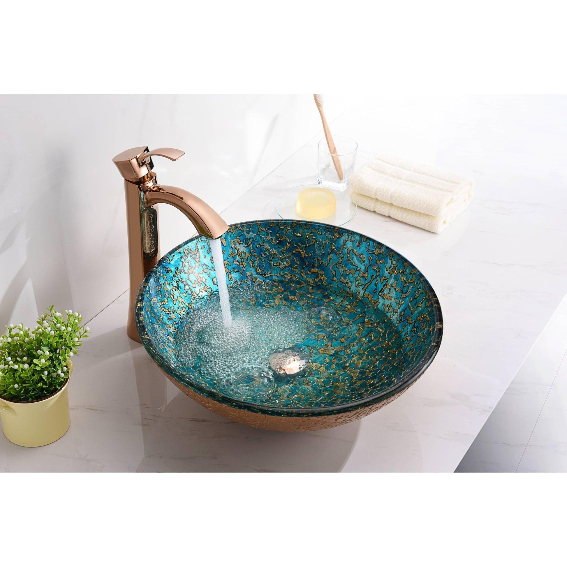 ANZZI Makata Series 17" x 17" Round Gold and Cyan Deco-Glass Vessel Sink With Polished Chrome Pop-Up Drain