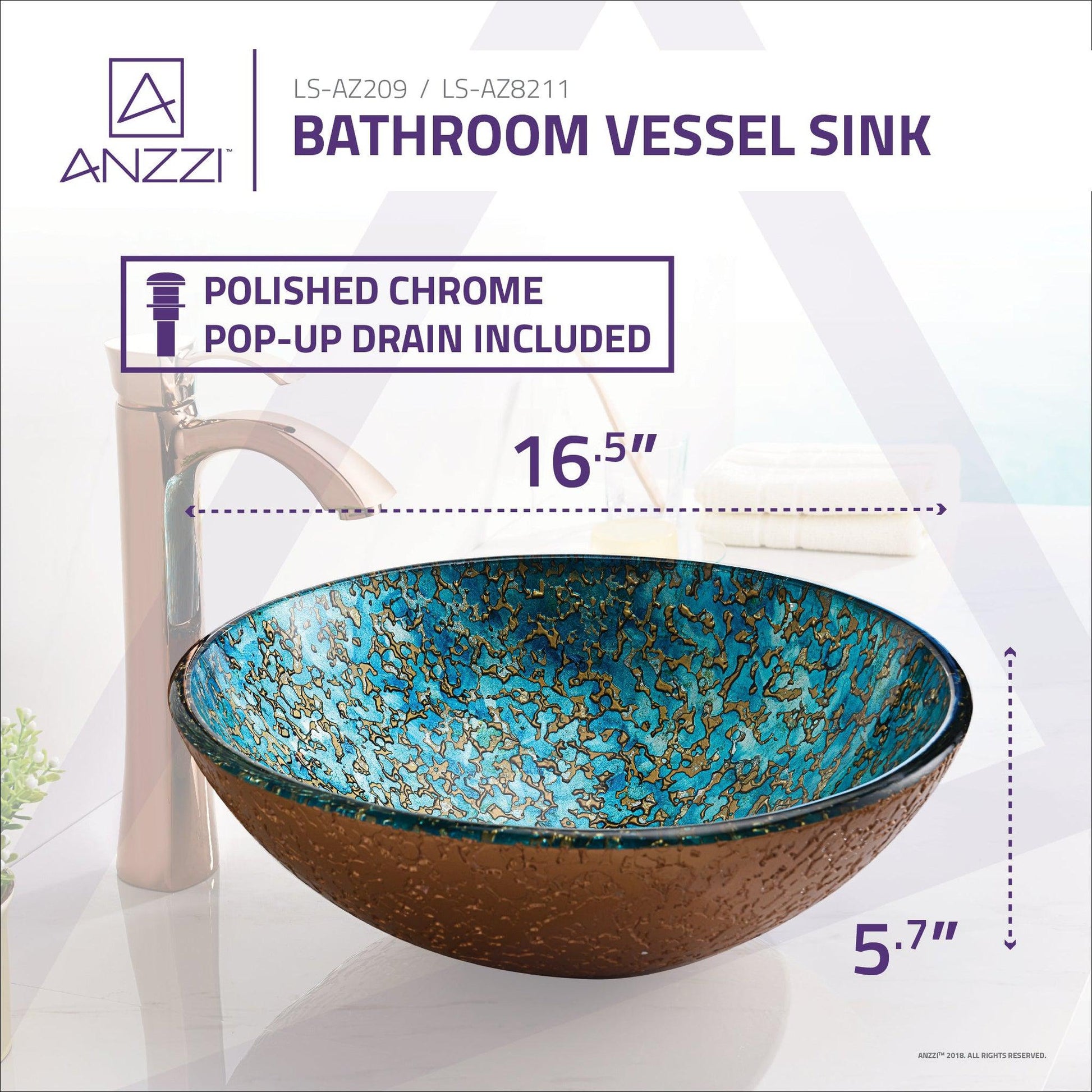 ANZZI Makata Series 17" x 17" Round Gold and Cyan Deco-Glass Vessel Sink With Polished Chrome Pop-Up Drain