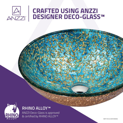 ANZZI Makata Series 17" x 17" Round Gold and Cyan Deco-Glass Vessel Sink With Polished Chrome Pop-Up Drain