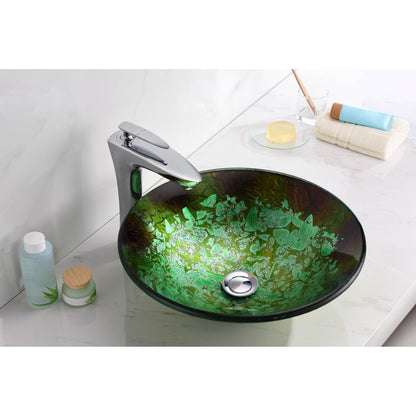 ANZZI Makata Series 18" x 18" Round Emerald Burst Deco-Glass Vessel Sink With Polished Chrome Pop-Up Drain