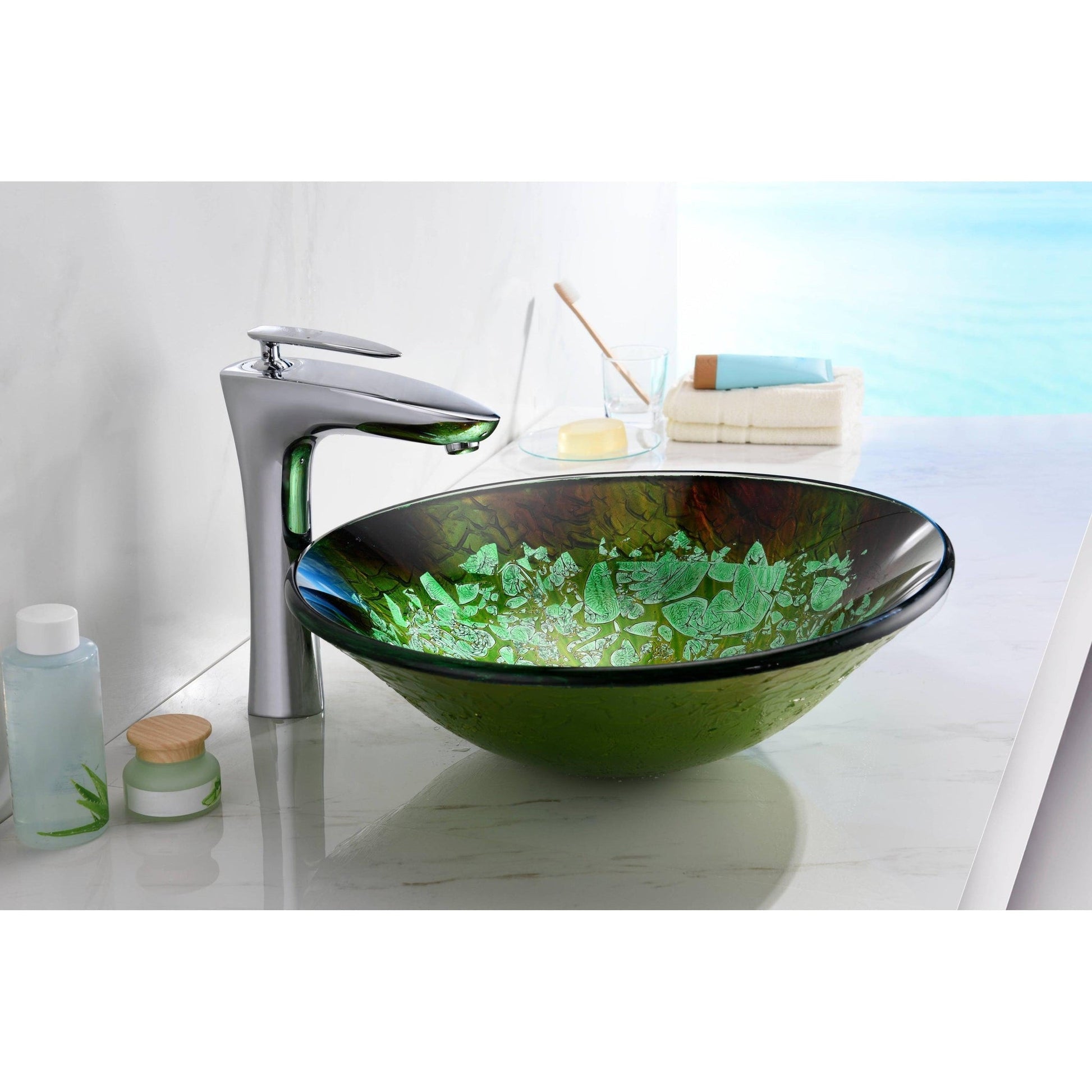 ANZZI Makata Series 18" x 18" Round Emerald Burst Deco-Glass Vessel Sink With Polished Chrome Pop-Up Drain