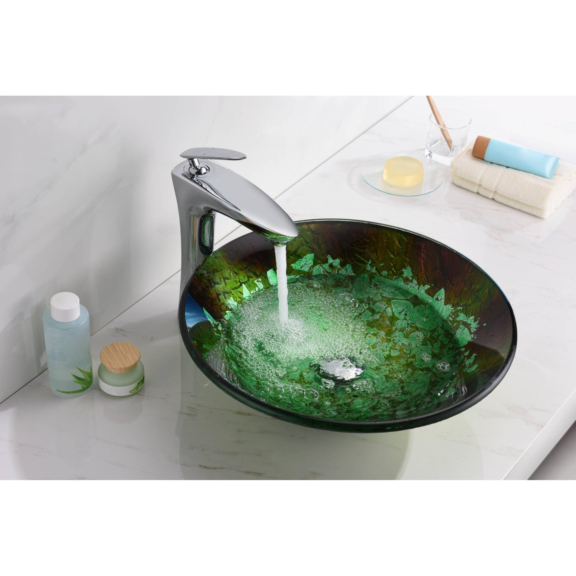 ANZZI Makata Series 18" x 18" Round Emerald Burst Deco-Glass Vessel Sink With Polished Chrome Pop-Up Drain