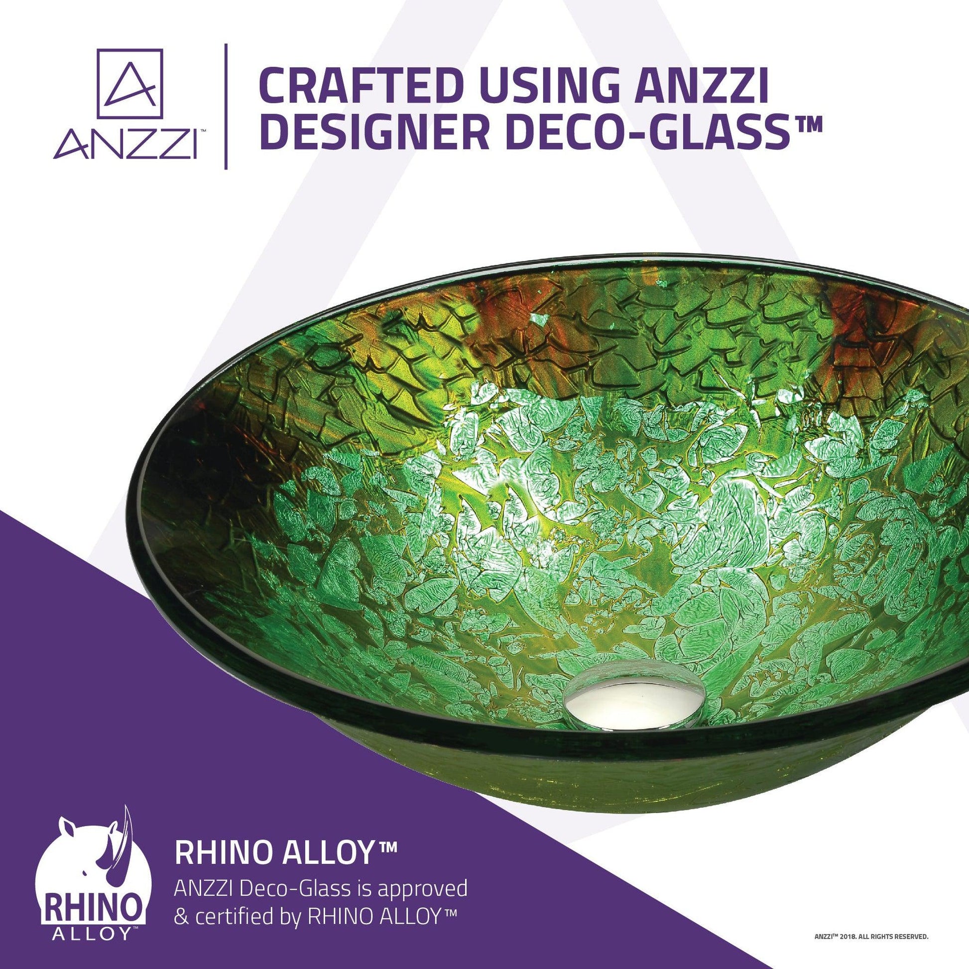 ANZZI Makata Series 18" x 18" Round Emerald Burst Deco-Glass Vessel Sink With Polished Chrome Pop-Up Drain