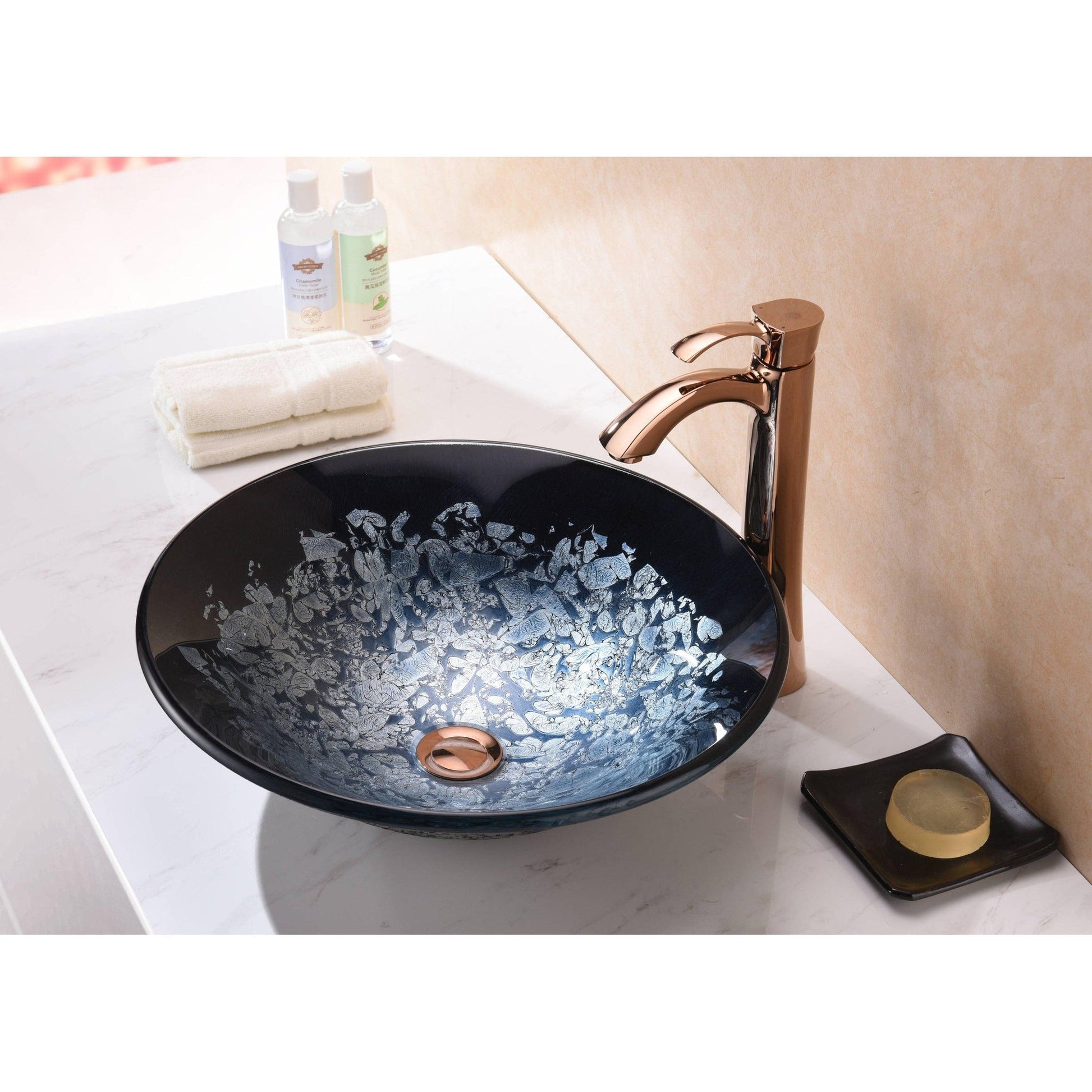 ANZZI Makata Series 18" x 18" Round Silver Burst Deco-Glass Vessel Sink With Polished Chrome Pop-Up Drain